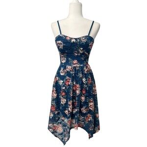 Almost Famous Blue Floral Sleeveless Shark-Bite Dress With Open Back - Small